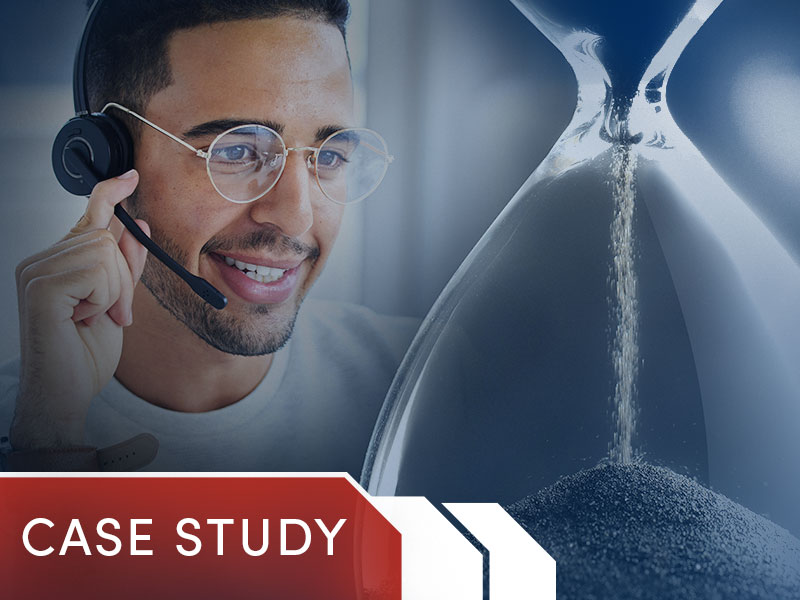 A customer service agent with a sand-timer running out