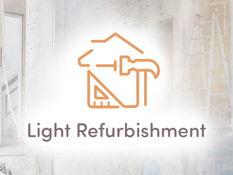 Logo-style icon of a house with a hammer and ruler, above the caption 'Light Refurbishment' representing a light refurbishment service.