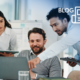 Three colleagues crowd around a laptop computer at the office while one points at the screen, a blog icon overlays the image